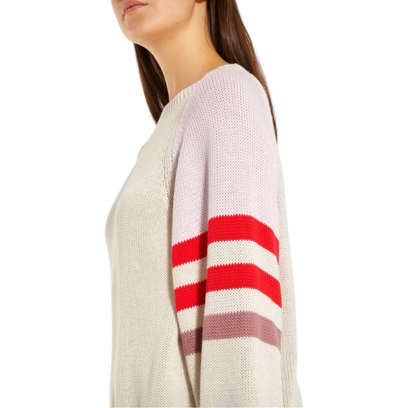 XiRENA Apres Sun Cream Beige Pink Striped Sleeve Loose Fit Cotton Knit Sweater - Picture 5 of 11